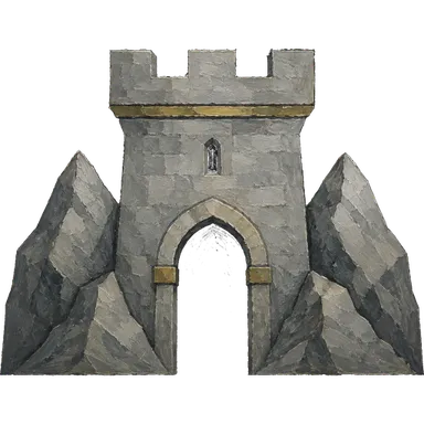 The Stone Order sigil: a brass-bound gatehouse standing between two peaks