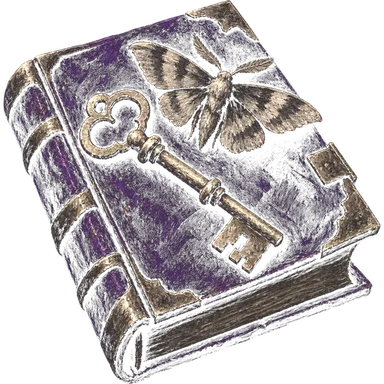 The Veiled Archive sigil: a clasped book, its key, and a moth at rest on the cover