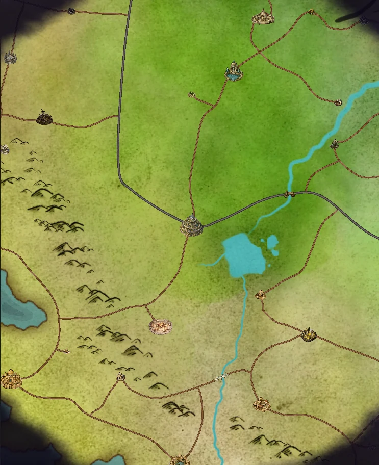 The revealed world map showing the road network linking towns, mines and ruins
