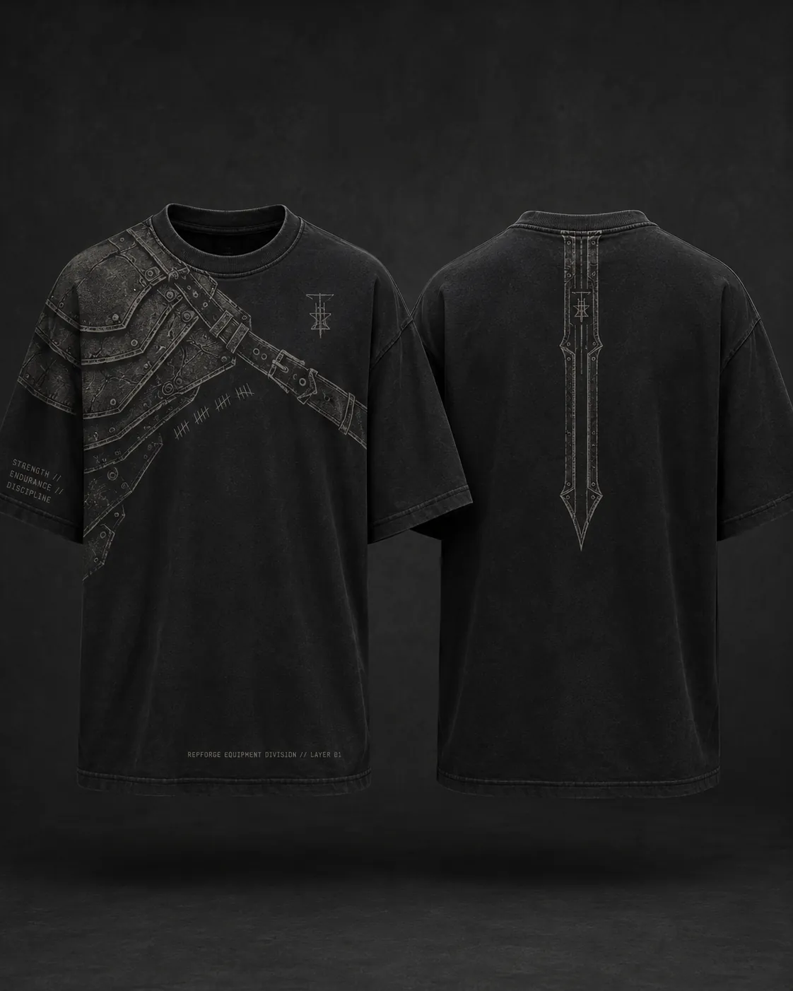 Pauldron tee, printed shoulder plate and a sword down the spine