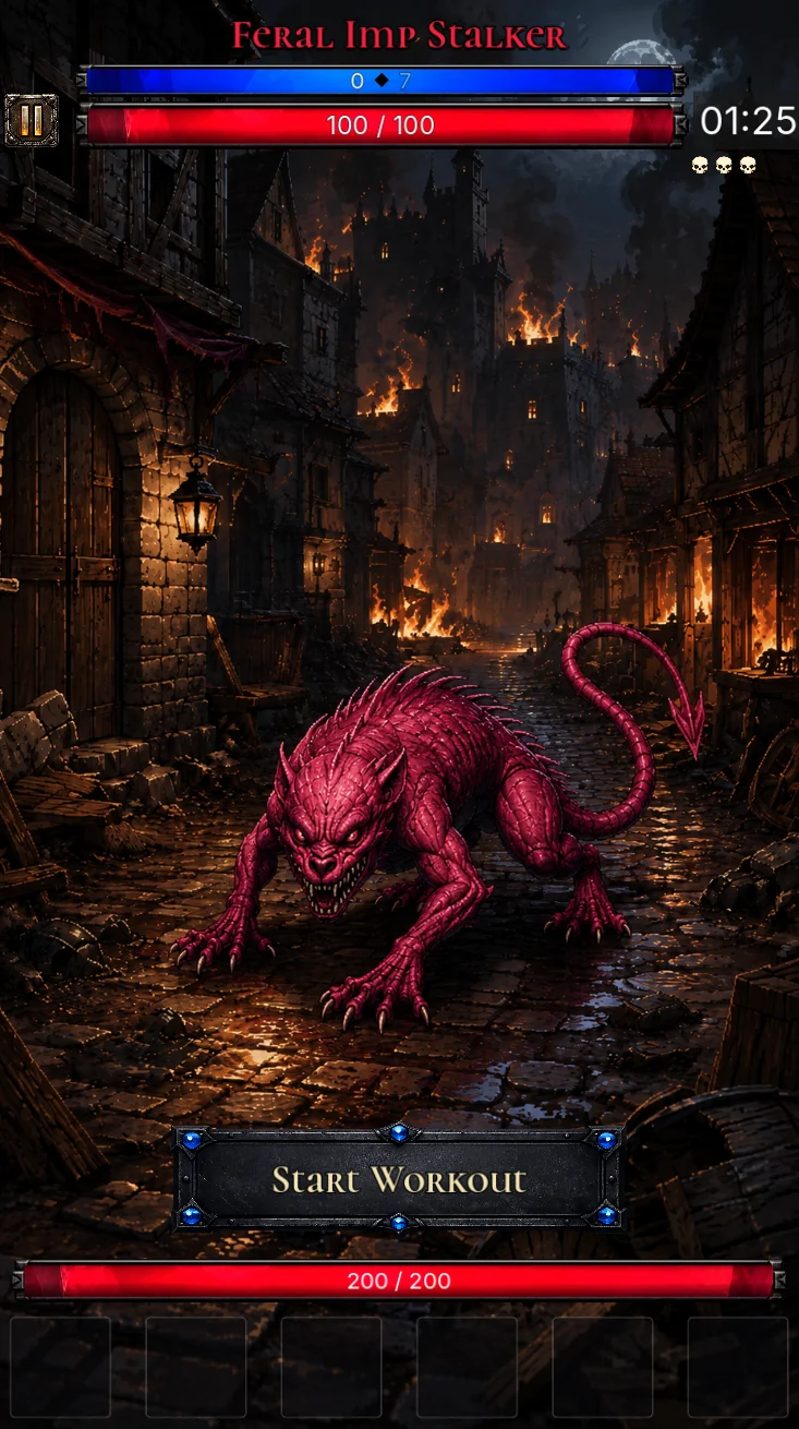 A Feral Imp Stalker in a burning street, with a Start Workout button below it