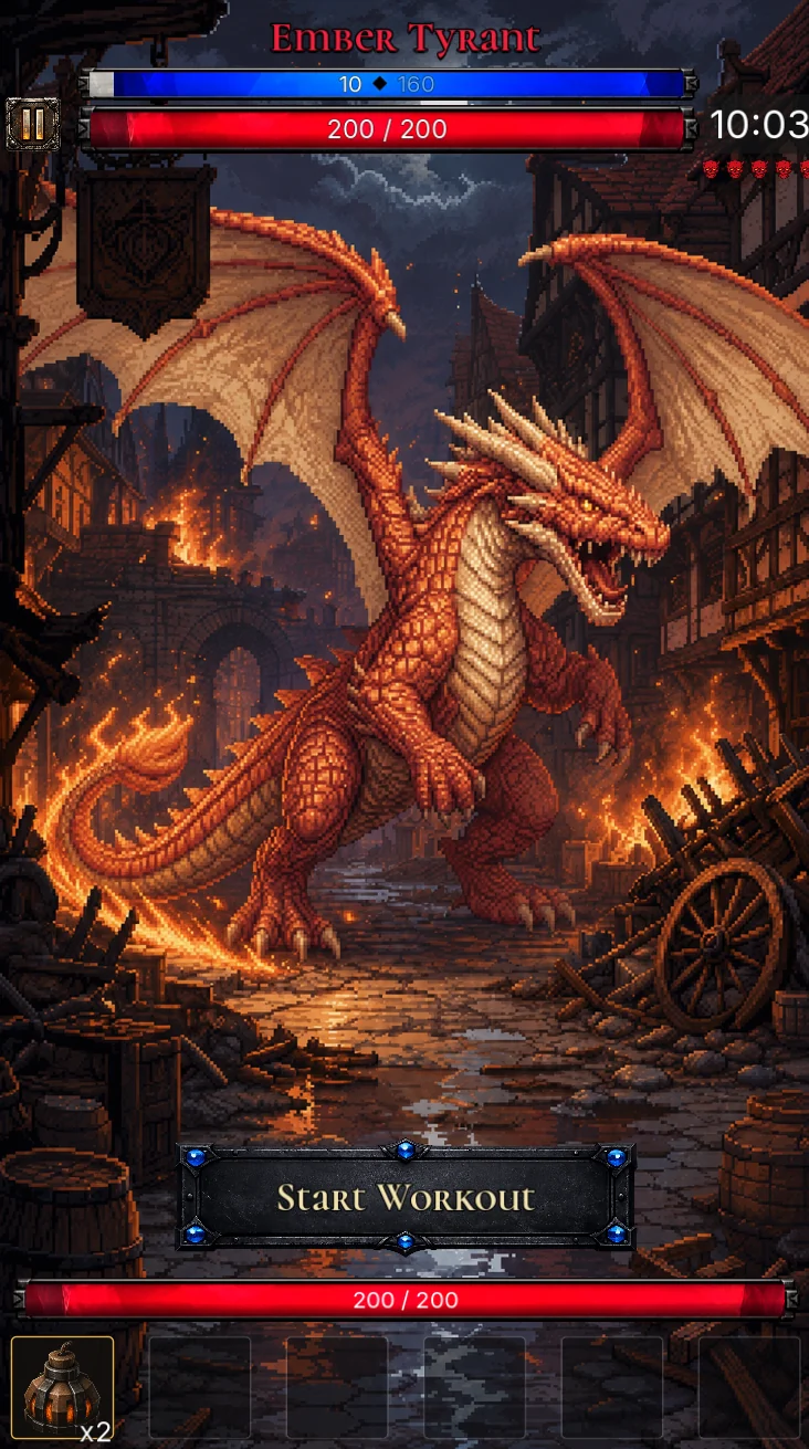 An Ember Tyrant dragon, with the player's six consumable slots along the bottom of the screen